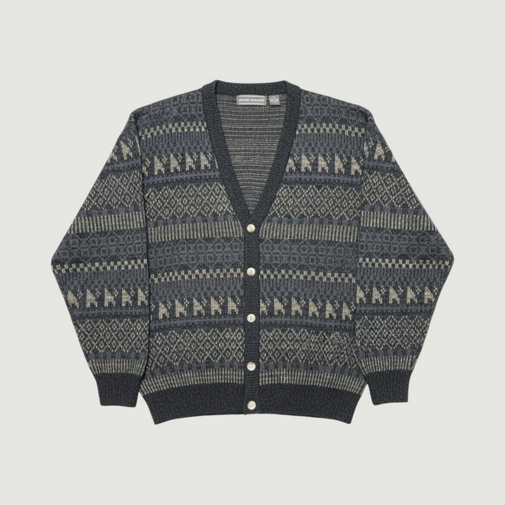 David Taylor Mens Vintage Nordic Geometric Knit Button Cardigan Sweater Gray L